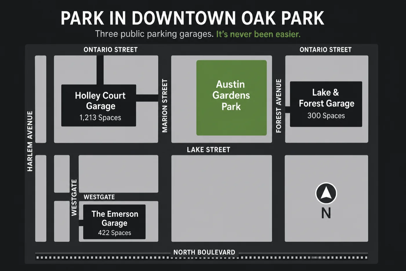 Parking map showing nearby public garages in Downtown Oak Park